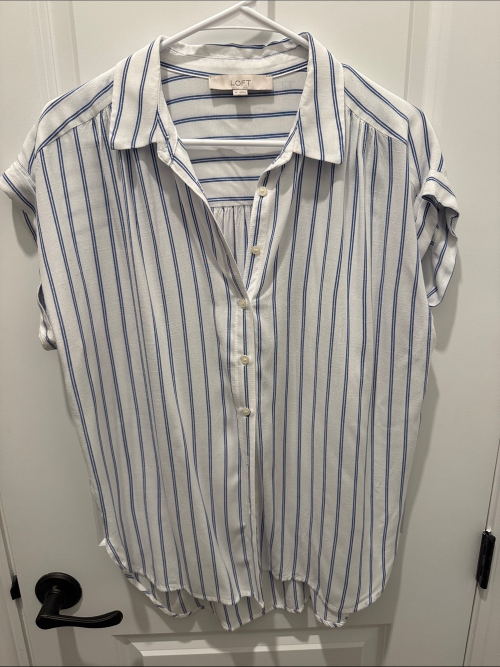 Loft Blue and White Striped Short Sleeve Shirt - Medium
